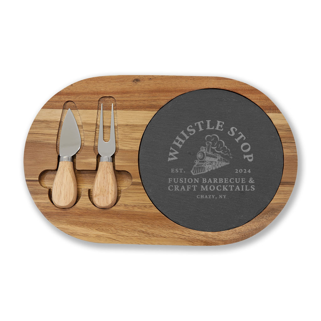 Whistle Stop Engraved Acacia Charcuterie Board with Slate and Cheese Knives