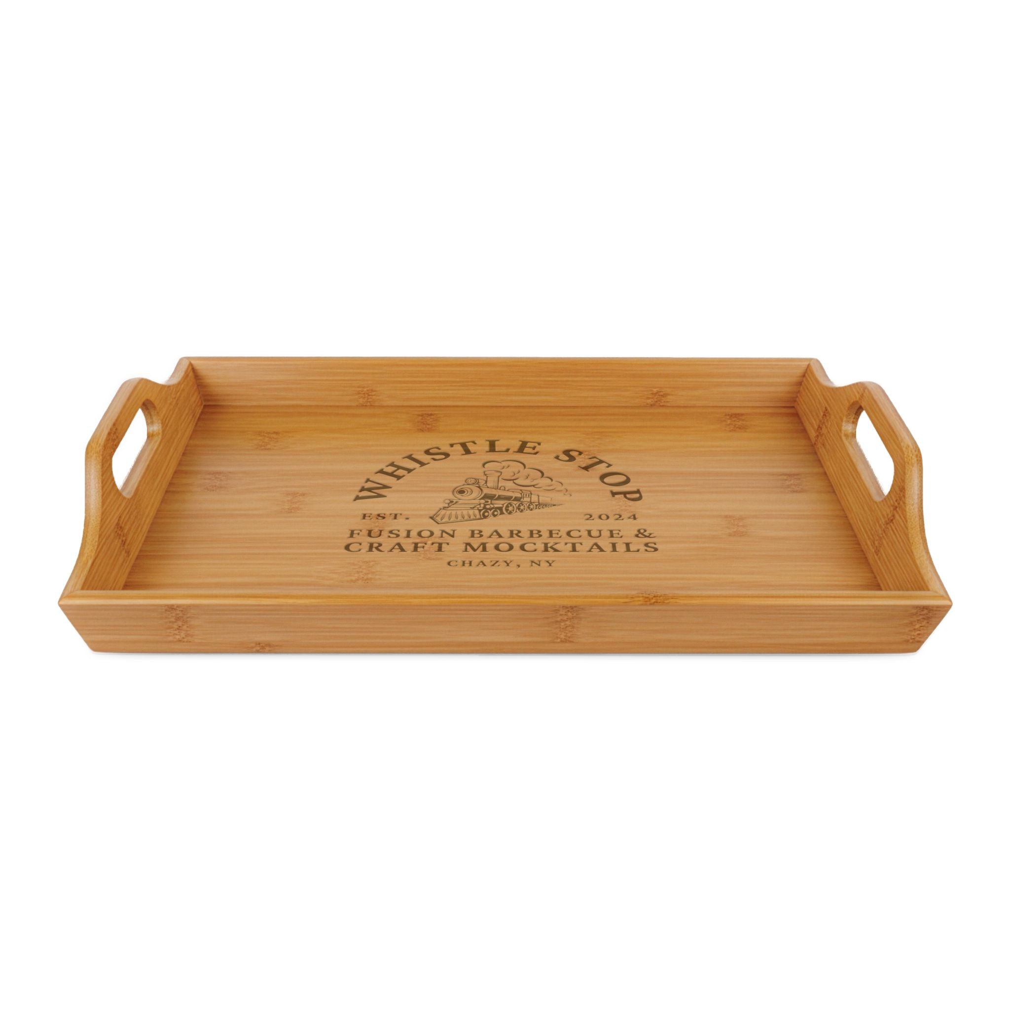 Whistle Stop Engraved Bamboo Serving Tray — Personalized Whistle Stop Logo Wood Tray