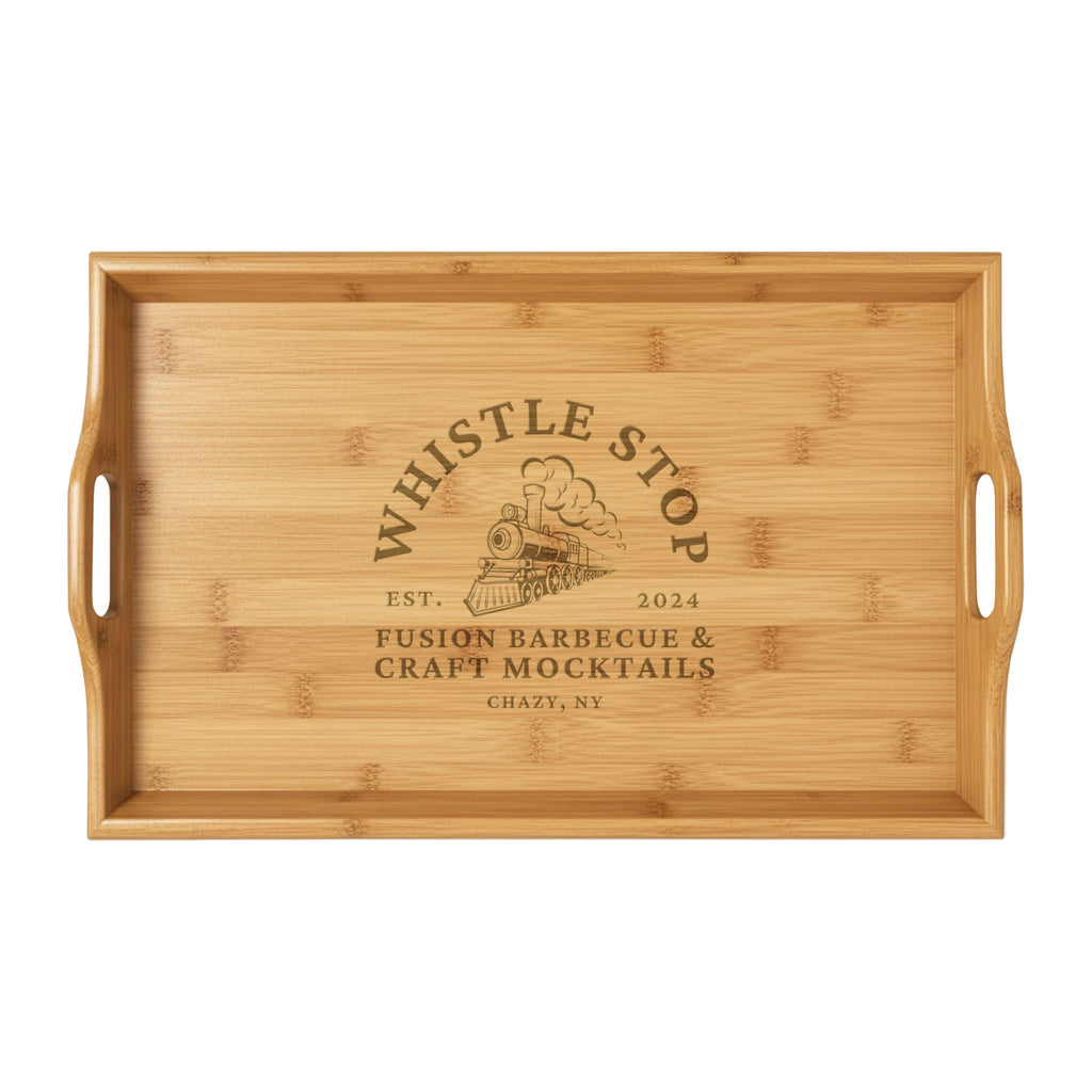 Whistle Stop Engraved Bamboo Serving Tray — Personalized Whistle Stop Logo Wood Tray