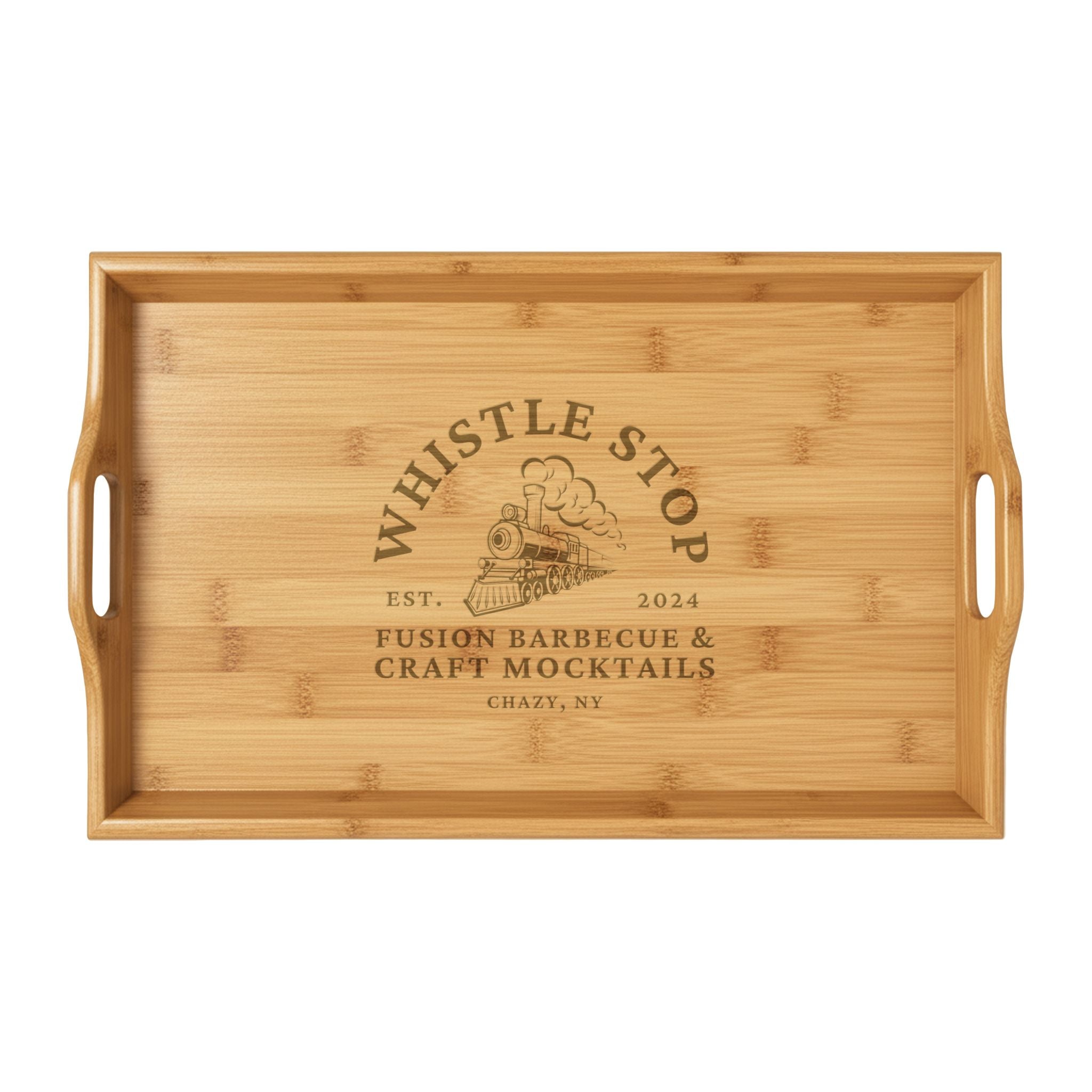 Whistle Stop Engraved Bamboo Serving Tray — Personalized Whistle Stop Logo Wood Tray