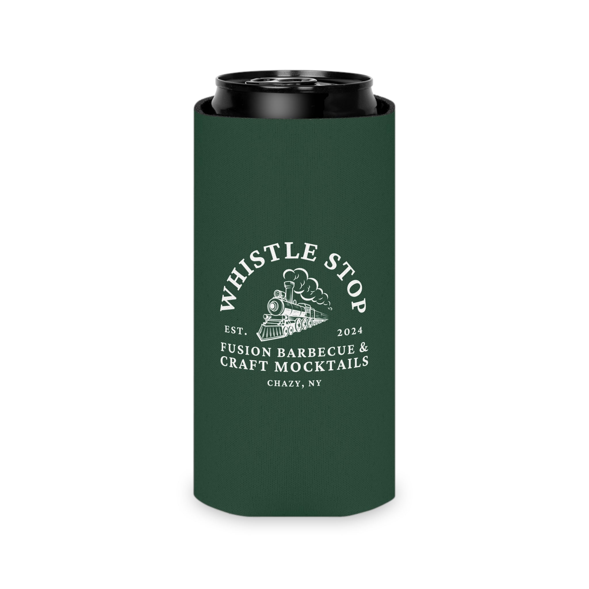 Whistle Stop Fusion Barbecue & Craft Mocktails Logo Can Cooler