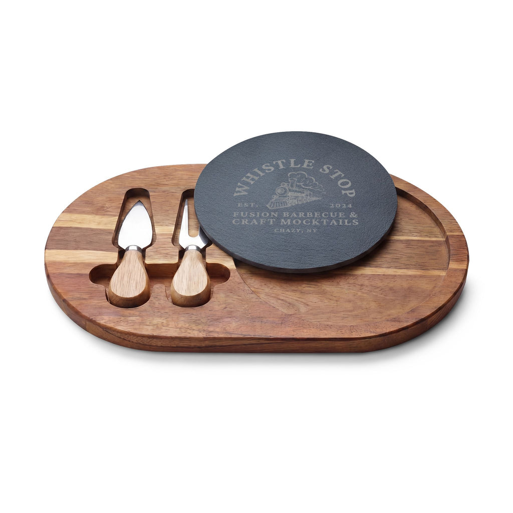 Whistle Stop Engraved Acacia Charcuterie Board with Slate and Cheese Knives