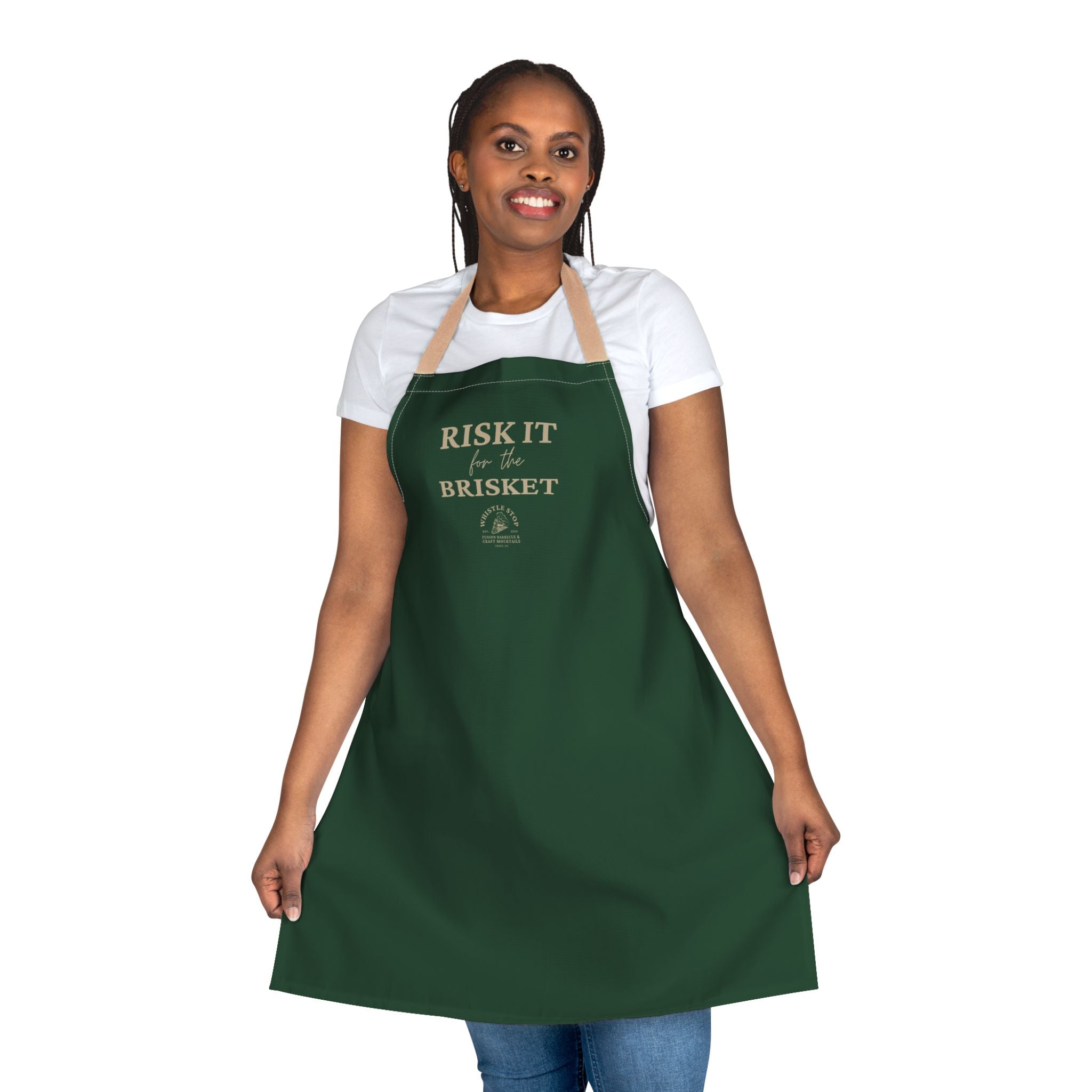 "Risk It For The Brisket" Whistle Stop Forest Green Apron with Beige Straps