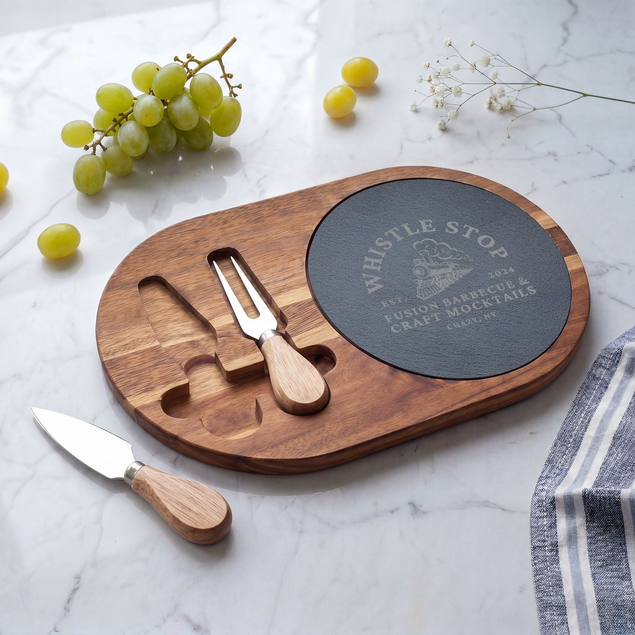 Whistle Stop Engraved Acacia Charcuterie Board with Slate and Cheese Knives