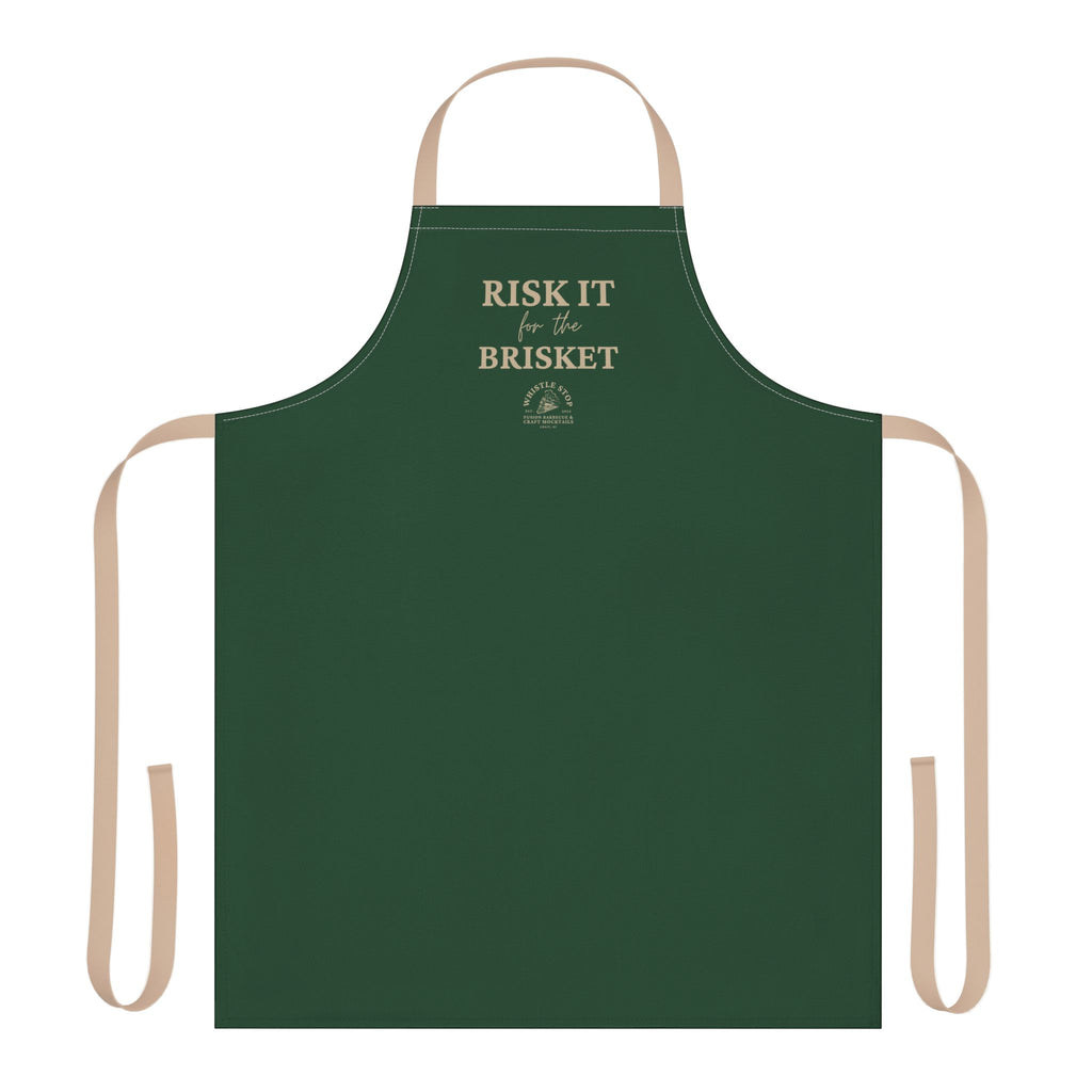 "Risk It For The Brisket" Whistle Stop Forest Green Apron with Beige Straps