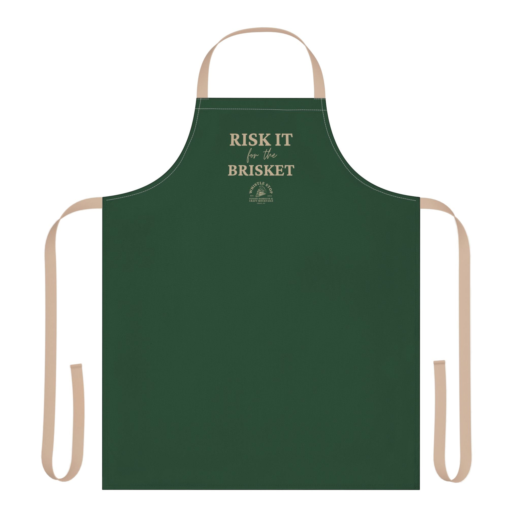 "Risk It For The Brisket" Whistle Stop Forest Green Apron with Beige Straps