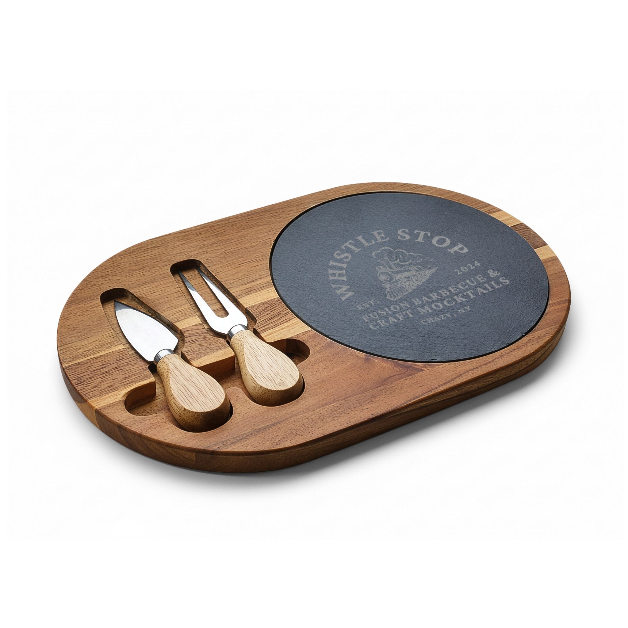 Whistle Stop Engraved Acacia Charcuterie Board with Slate and Cheese Knives