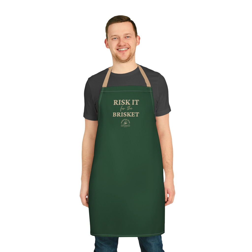 "Risk It For The Brisket" Whistle Stop Forest Green Apron with Beige Straps